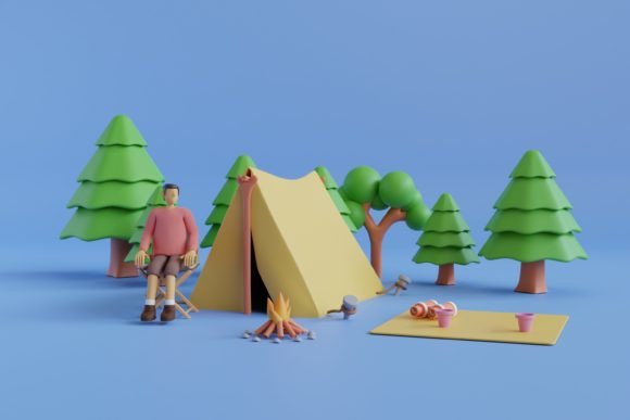 3D Campfire and Tents in the Pine Forest: A Versatile Visual Asset for Creative Projects