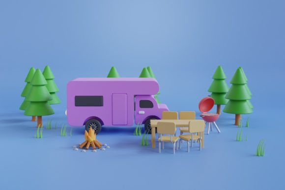 3D Motorhome Camping Surrounded by Pine – A Visual Escape into Nature