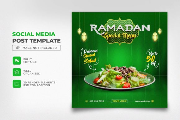 Creating Eye-Catching Ramadan Salad Social Media Post Designs: A Guide to Using the 3D Special Menu Template in PSD